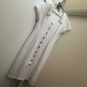 White Button-Down midi Dress with unique neckline and rolled sleeves
